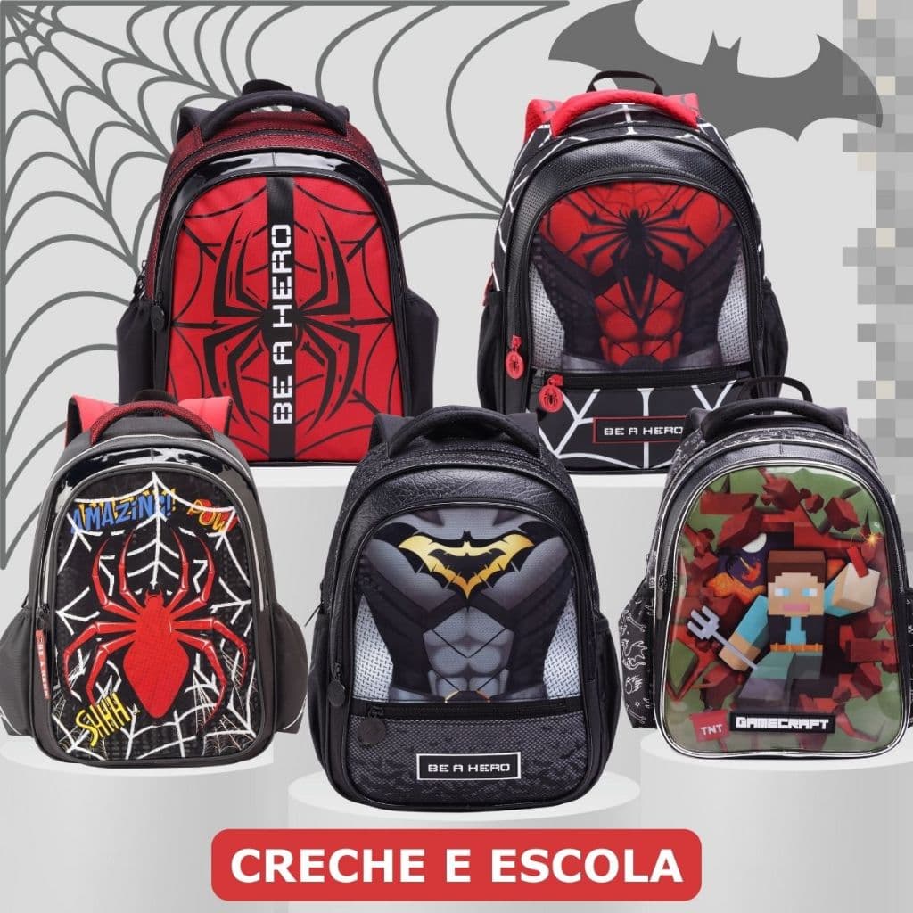 Mochila Infantil Pequena e Grande Masculina Reforçada Super Heróis Batman e Homem Aranha e Gamecraft