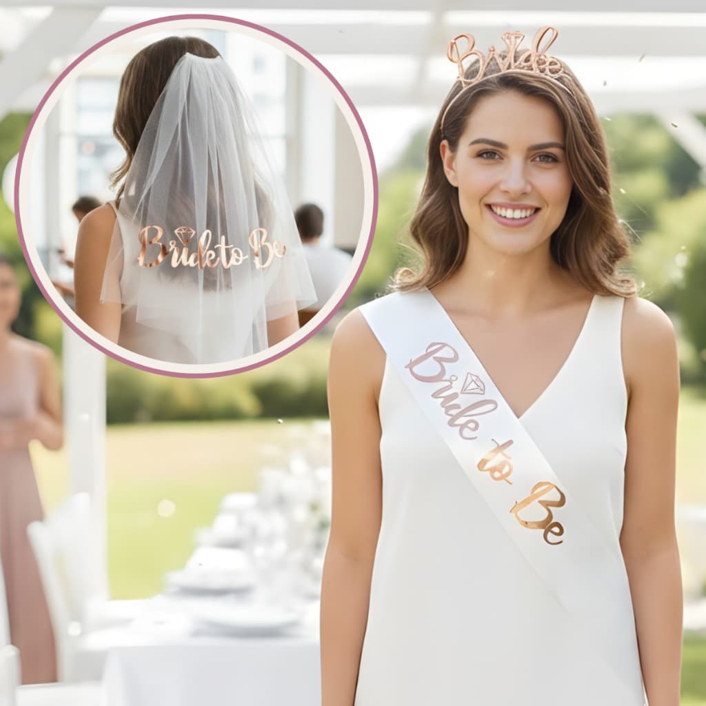 Kit Véu Faixa Tiara Bride to be Noiva Dourada Rose Gold Despedida de Solteira Festa Chá de Lingerie