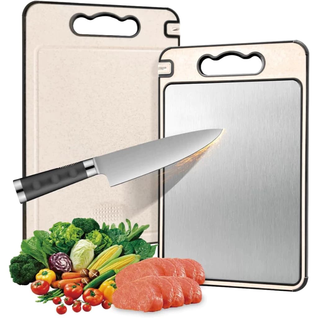 Tábua de Corte Cortar Carne Placa Dupla Face Higiênica em Aço Inox e PP com Afiador e Alça