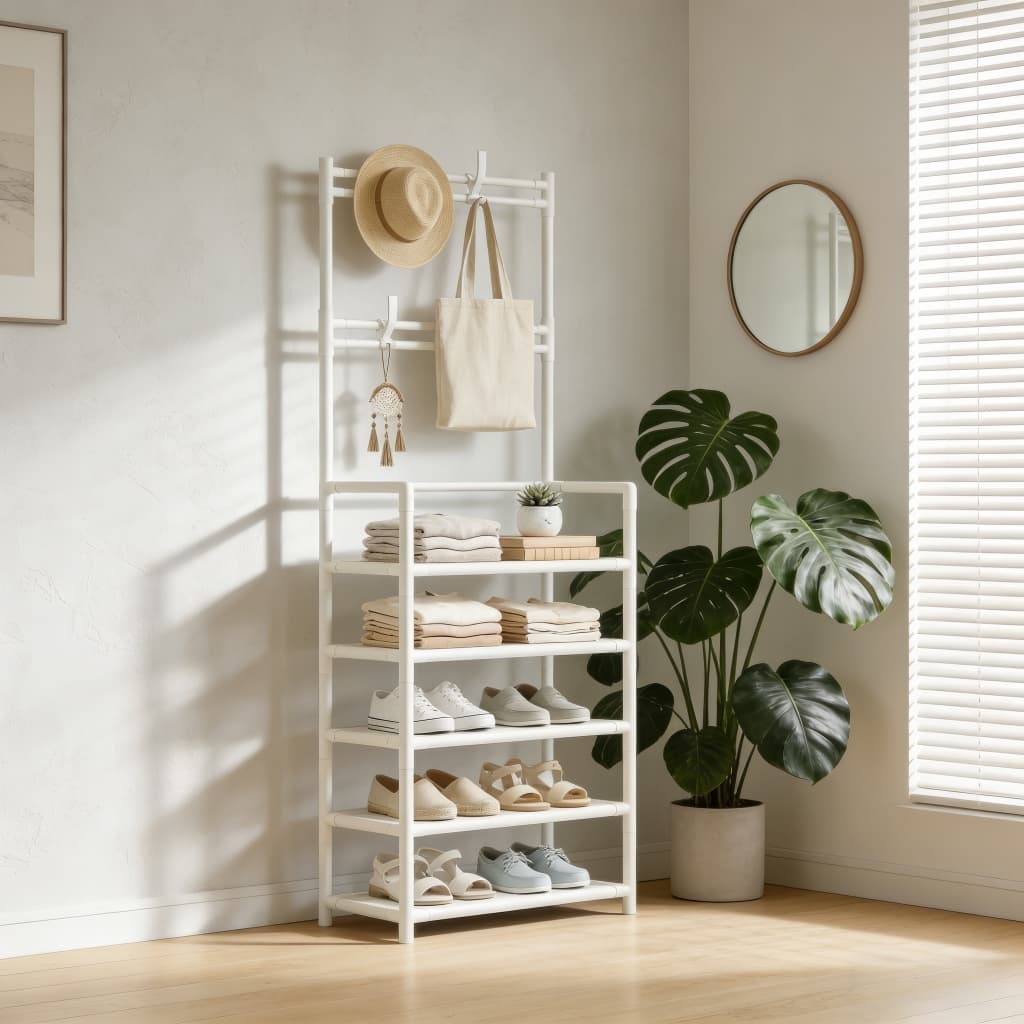 Sapateira Vertical 5 Camadas Arara de Chão | Rack Prateleira Organizador de Sapatos Multiuso com Cabideiro