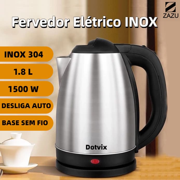 Chaleira Elétrica 1,8L 1500W Bivolt, Aço Inox, Desligamento Automático, Fervura Rápida