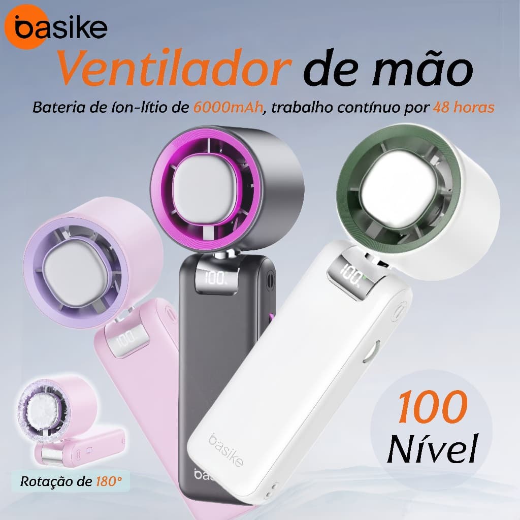 Basike Ventilador Portátil de Mão–Refrigeração, 100Nível Ventosidade Livre, Bateria 6000mAh+18000RPM