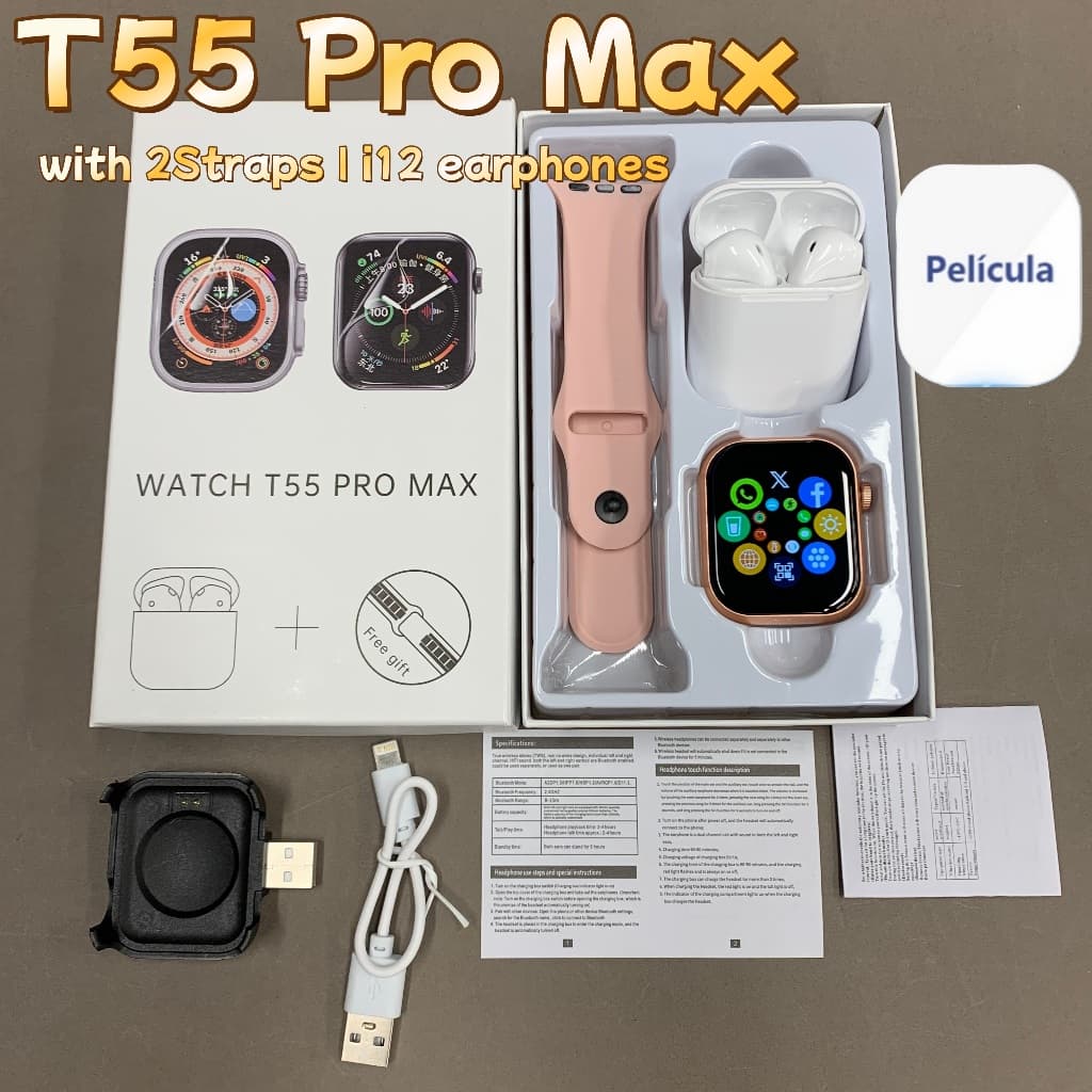 Smartwatch Smart Watch T55 Pro Max With i12 Headphones Set Hot Sale 2 Straps Called Bluetooth Pape