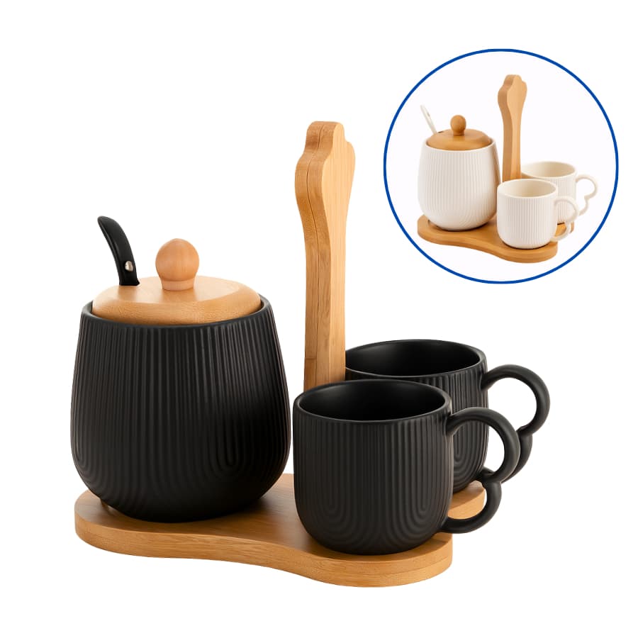 Jogo Xícaras Café 90ml Com Açucareiro e Suporte bambu Oásis