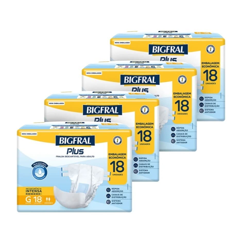Fralda Geriátrica Bigfral Plus Regular Tamanho G - 4 Pacotes com 18 Fraldas - Total 72 Tiras