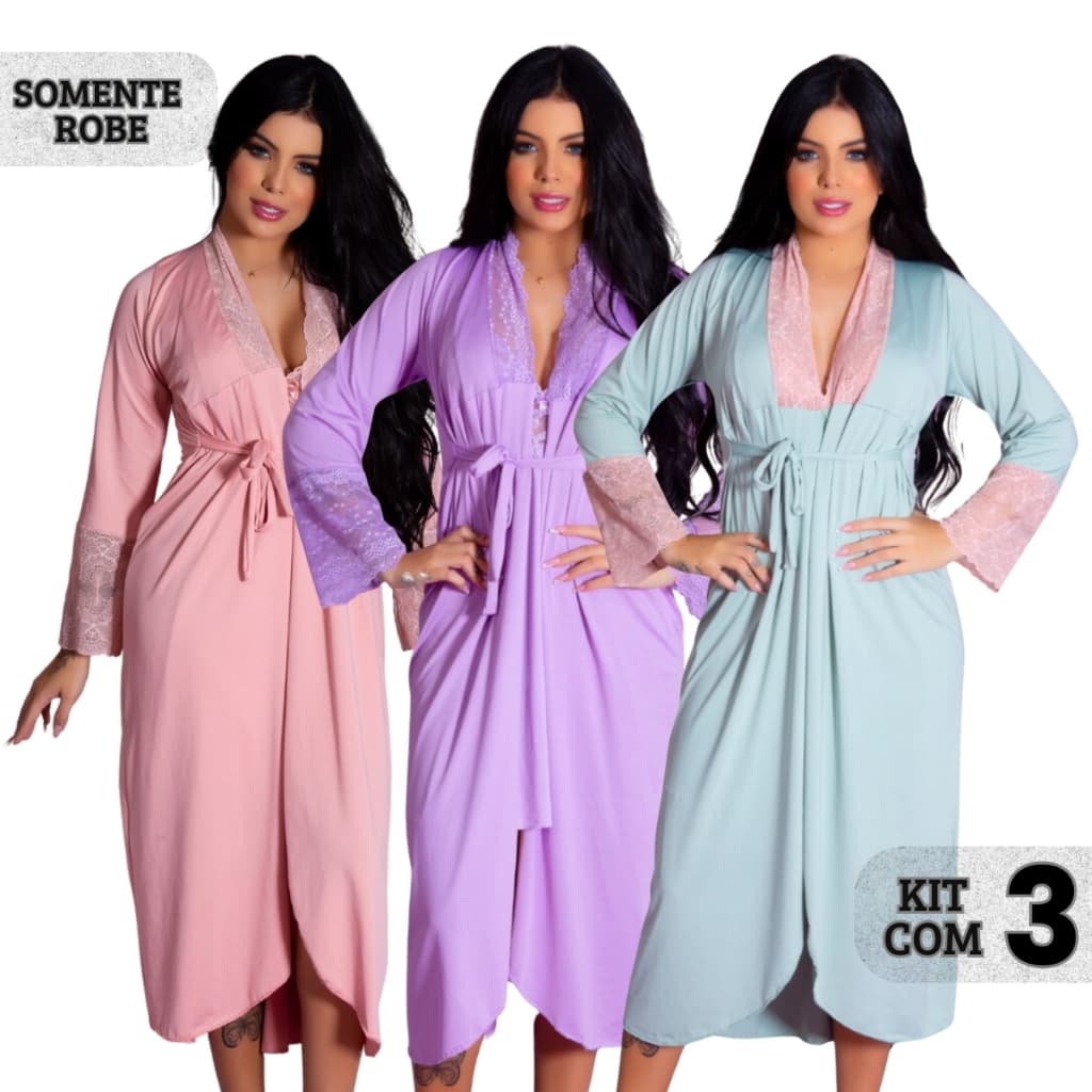 Kit 3 Robes Longos Com Detalhes em Renda Romantic Lingerie Feminino Elegante Luxo