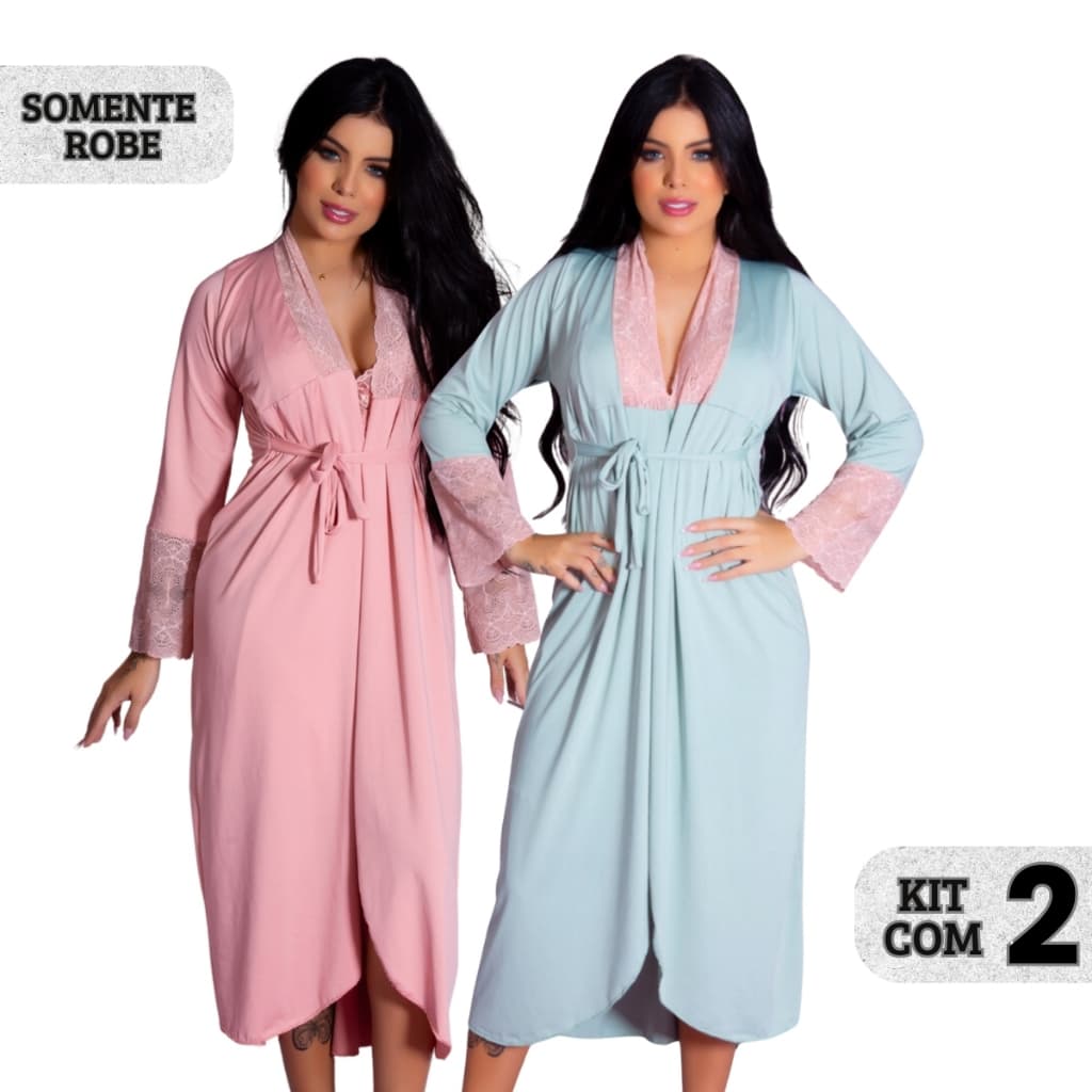 Kit 2 Robes Roupão Longo Roupa de Banho Com Detalhes em Renda Elegante Romantic Lingerie Feminino