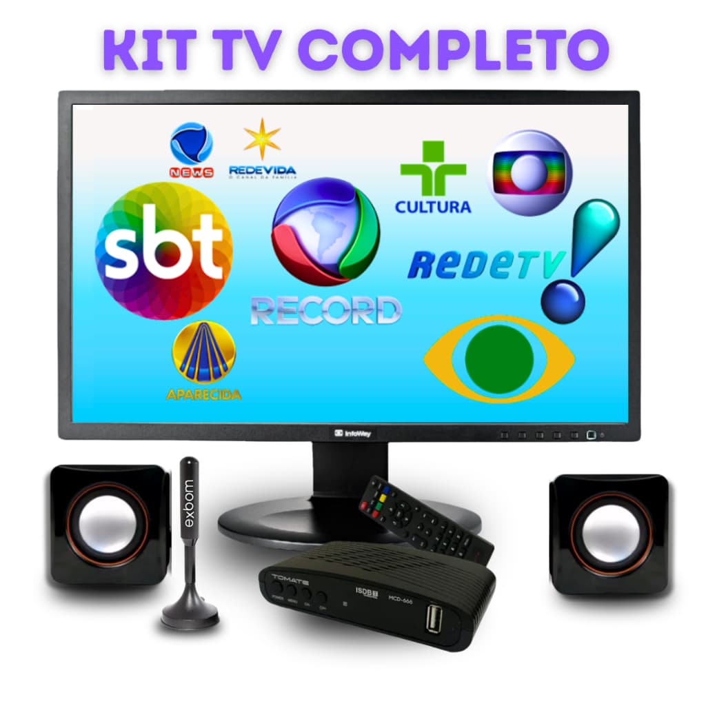 Kit TV/Monitor 20 Polegadas Completo c/ Conversor Digital + Antena HDTV + Caixas de Som Pronto p uso