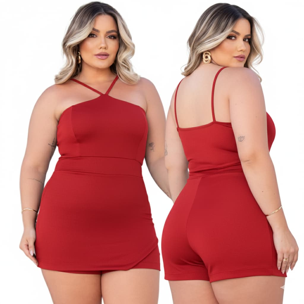 Macaquinho Feminino Plus Size Short Saia Alcinha Fina Forro Duplo Estica Festa até G4