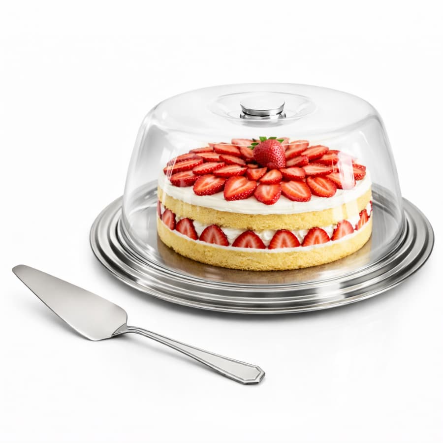 Boleira Porta Bolo Em Aço Inox E Tampa Acrílica Com Espátula