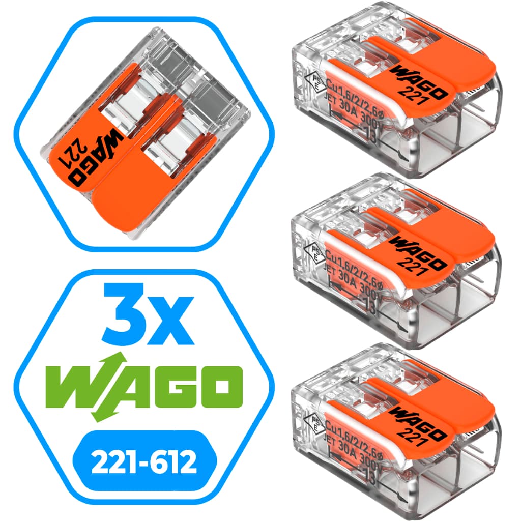 Kit 3 Peças Conector Wago Original 221-612 Emenda Chuveiro 2 polos 6mm 41A Conexão Automática