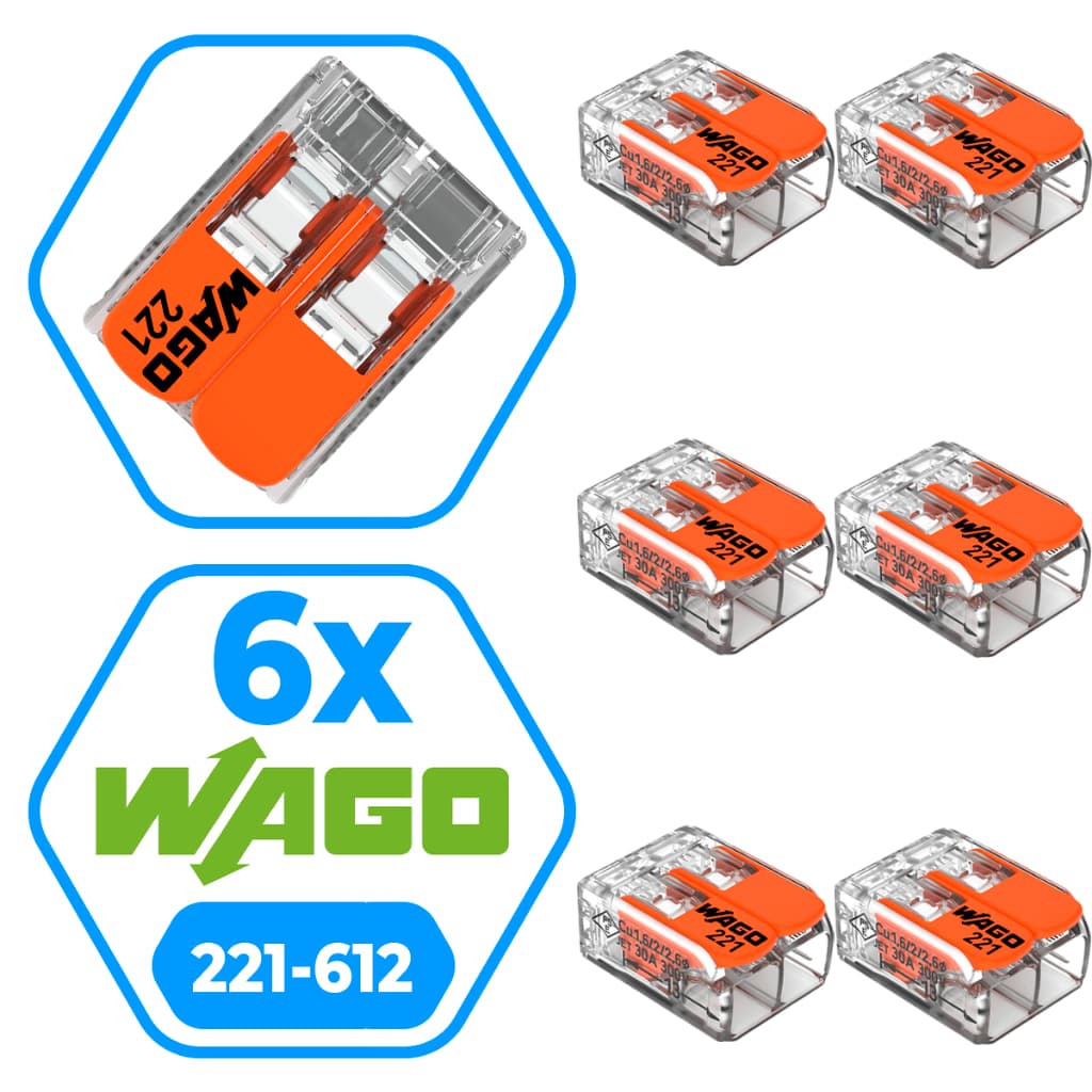 Kit 6 Peças Conector Wago Original 221-612 Emenda Chuveiro 2 polos 6mm 41A Conexão Automática