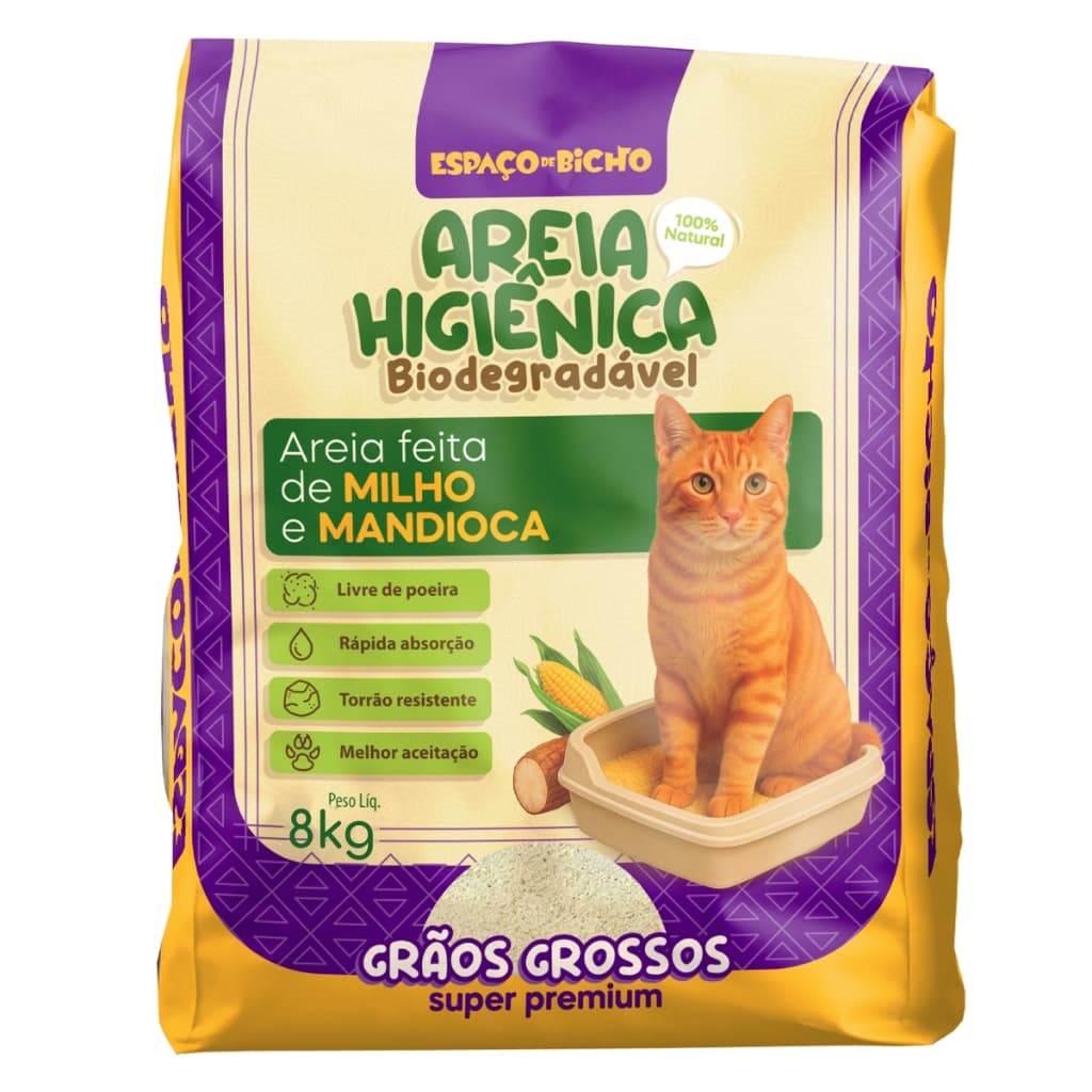 Areia Higiênica Biodegradável Espaço de Bicho Grãos Grossos 8kg – Milho e Mandioca (100% Natural)