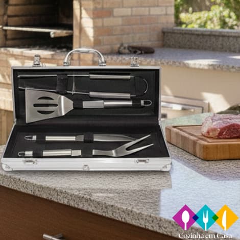 Kit De Churrasco Aço Inox 4 Pçs C/ Maleta Alumínio Presente