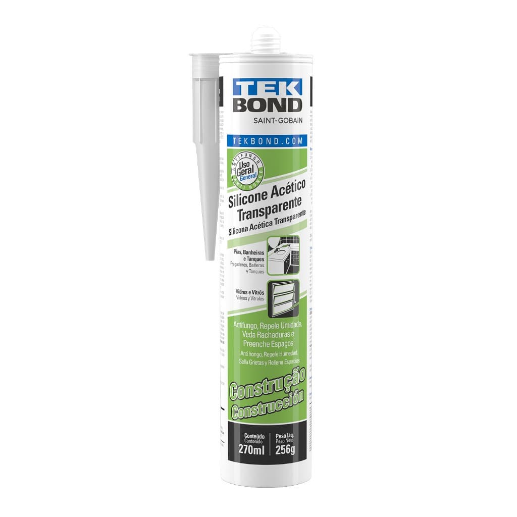 Silicone Transparente Acético Construção Tekbond 256g /270ml. Silicone Acetico Incolor 256gr Tekbond