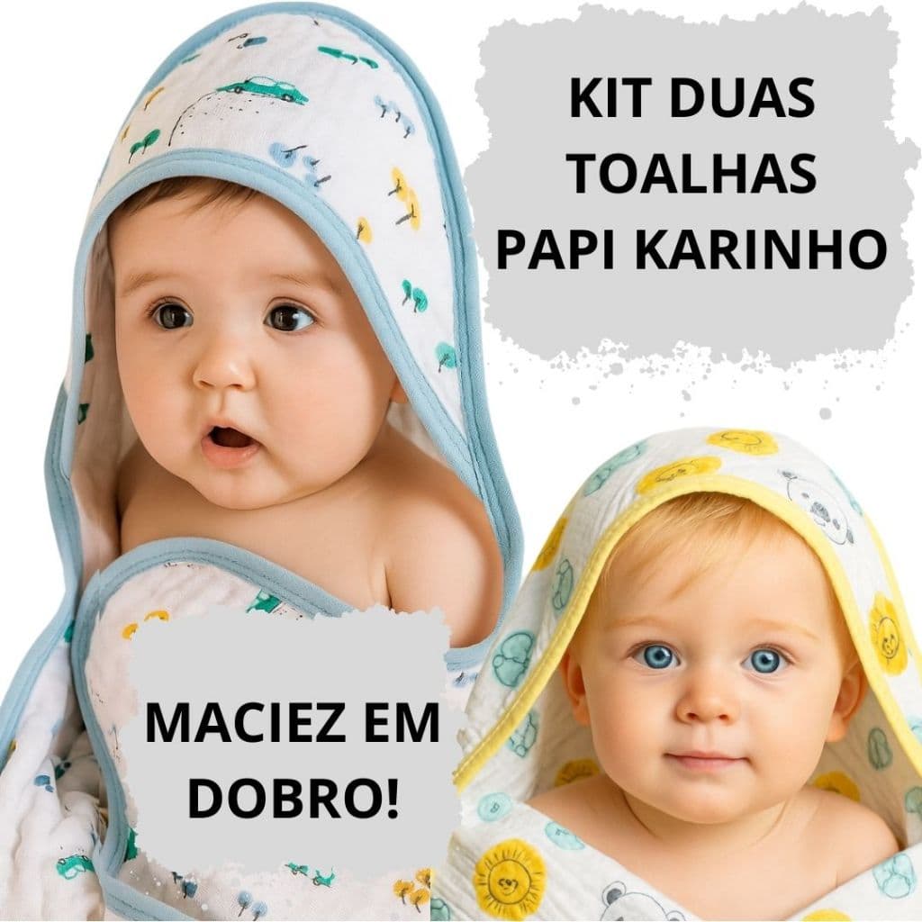 Kit 2 Toalhas Bebê Recém Nascido Maciez em Dobro Papi Karinho Dupla Camada 80x80cm C/ Capuz