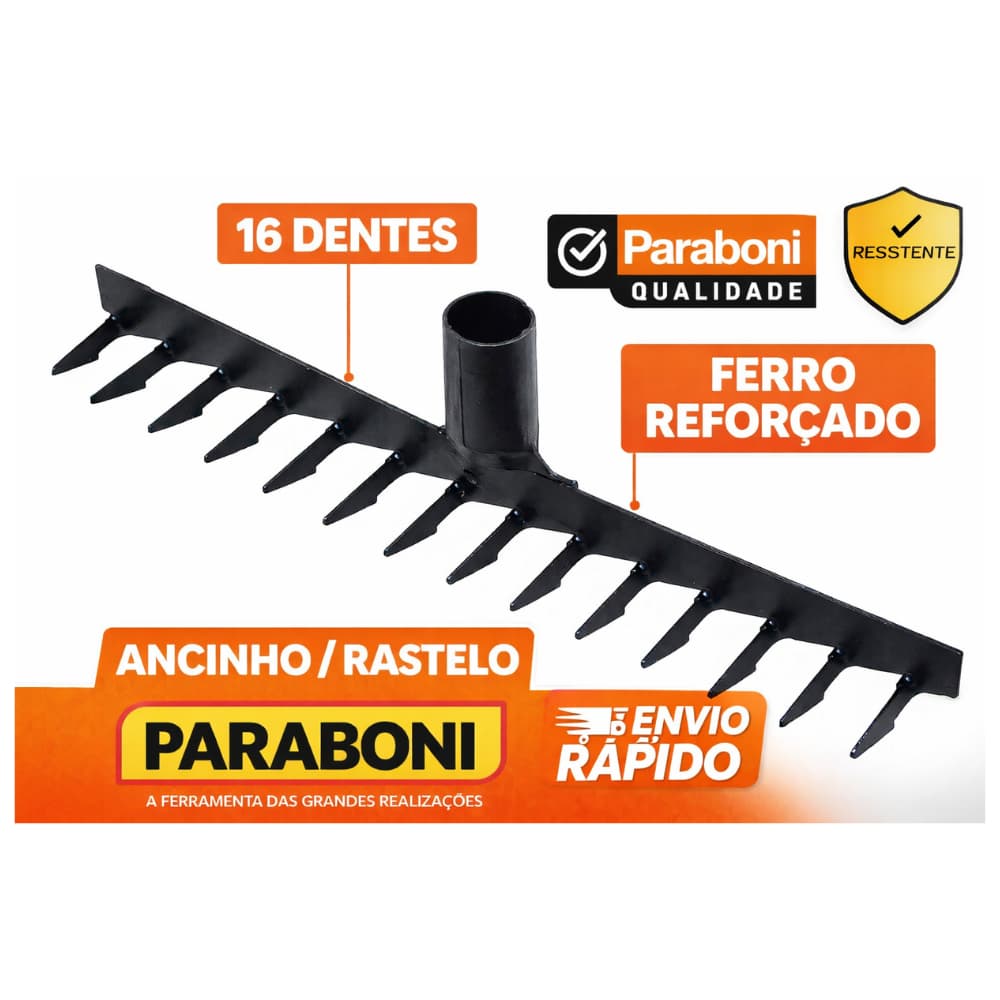 Ancinho Rastelo de Ferro 16 Dentes Paraboni Reforçado Para Jardim Construção