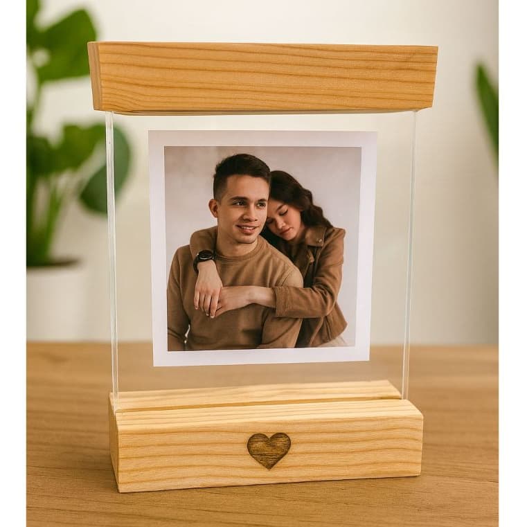 Porta Retrato com Base Madeira e Vidro Duplo Personalizado Presente Romântico Decorativo