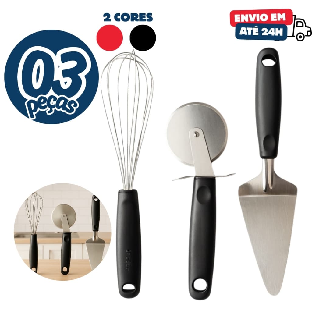 Kit 3 Utensilios Inox Cortador de Pizza e Espatula Fatiador Bolo Fue Fouet Batedor de Claras Ovos