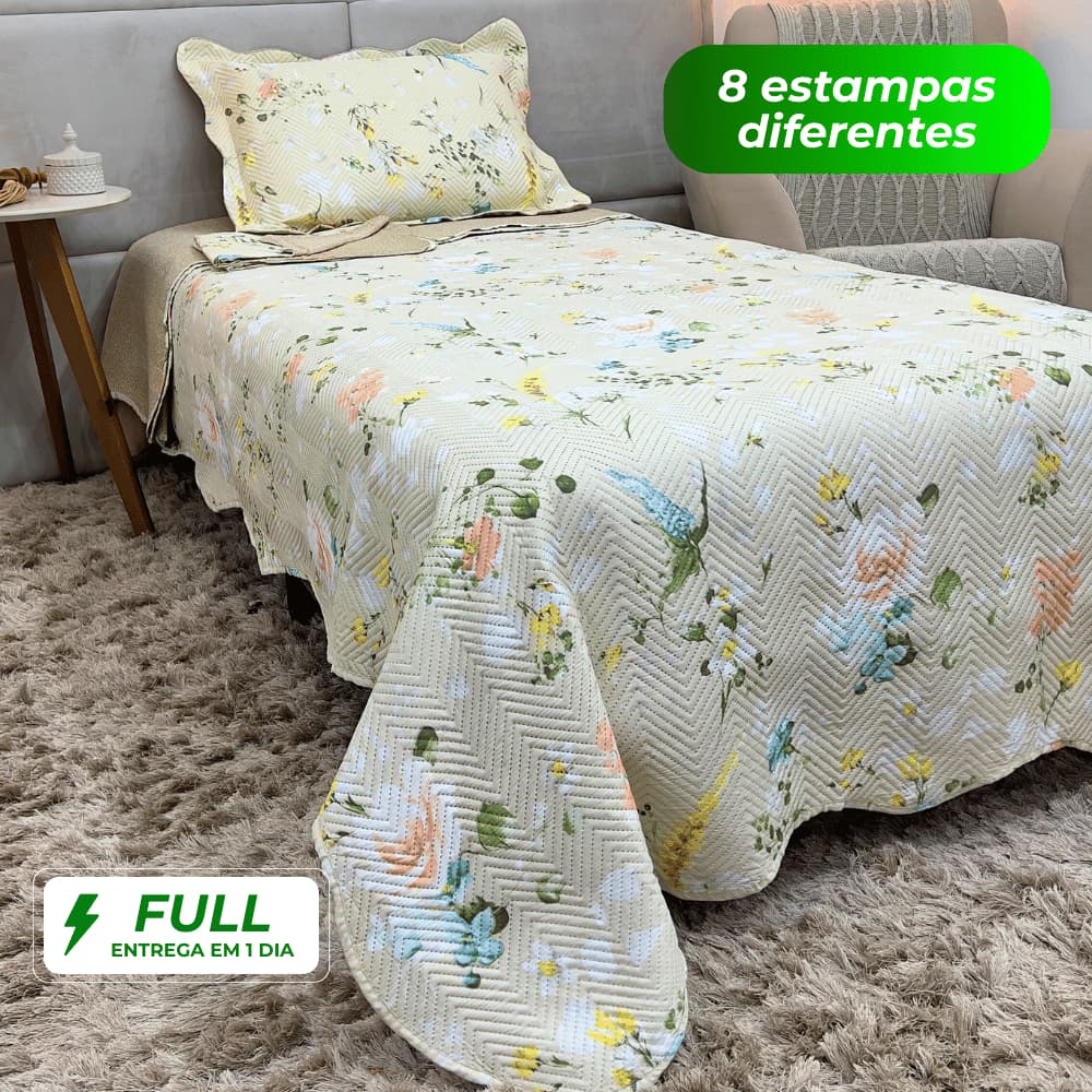 Kit Colcha Cobre Leito Solteiro 2 Peças Estampada Dupla Face Florida Matelado Percal Cama Box