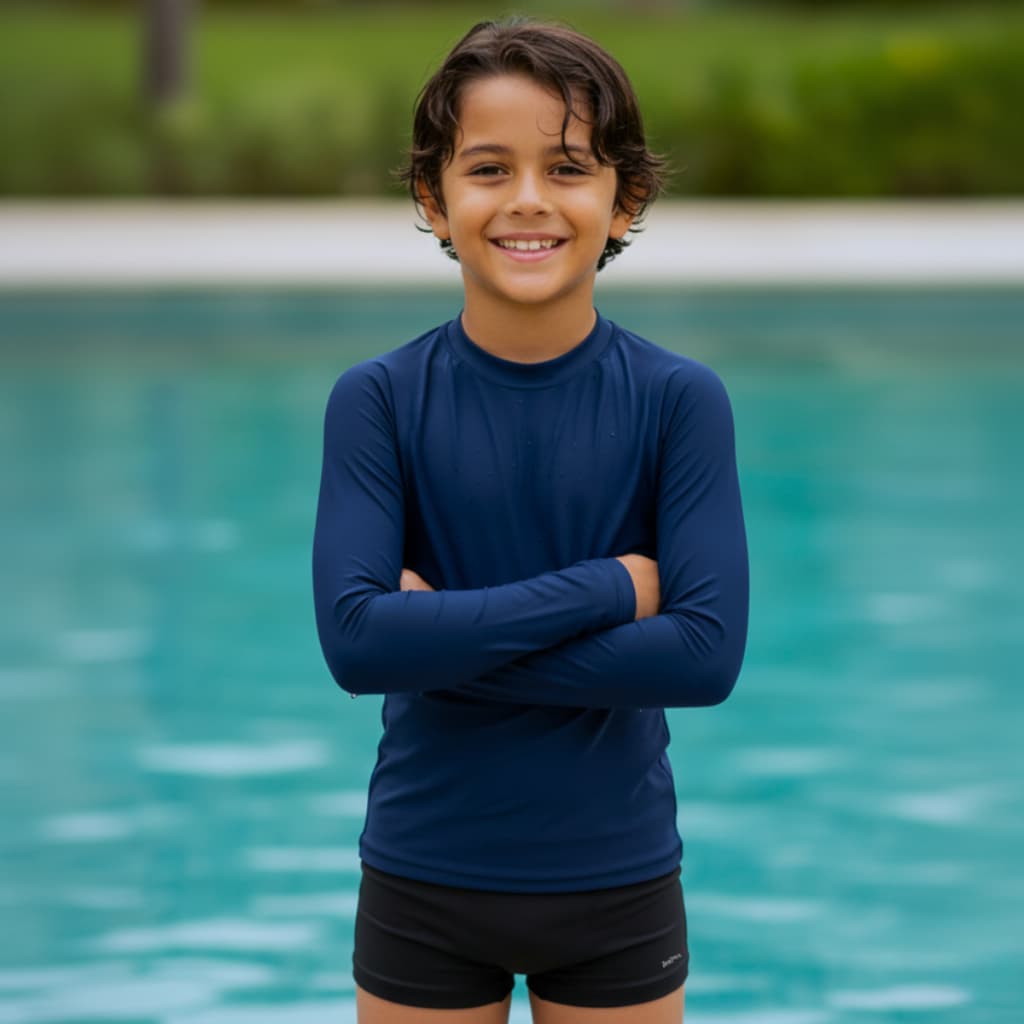 Kit Camisa Térmica Manga Longa Sunga Boxer Infantil e Juvenil 2 a 14 Anos Natação Praia Piscina Uv50