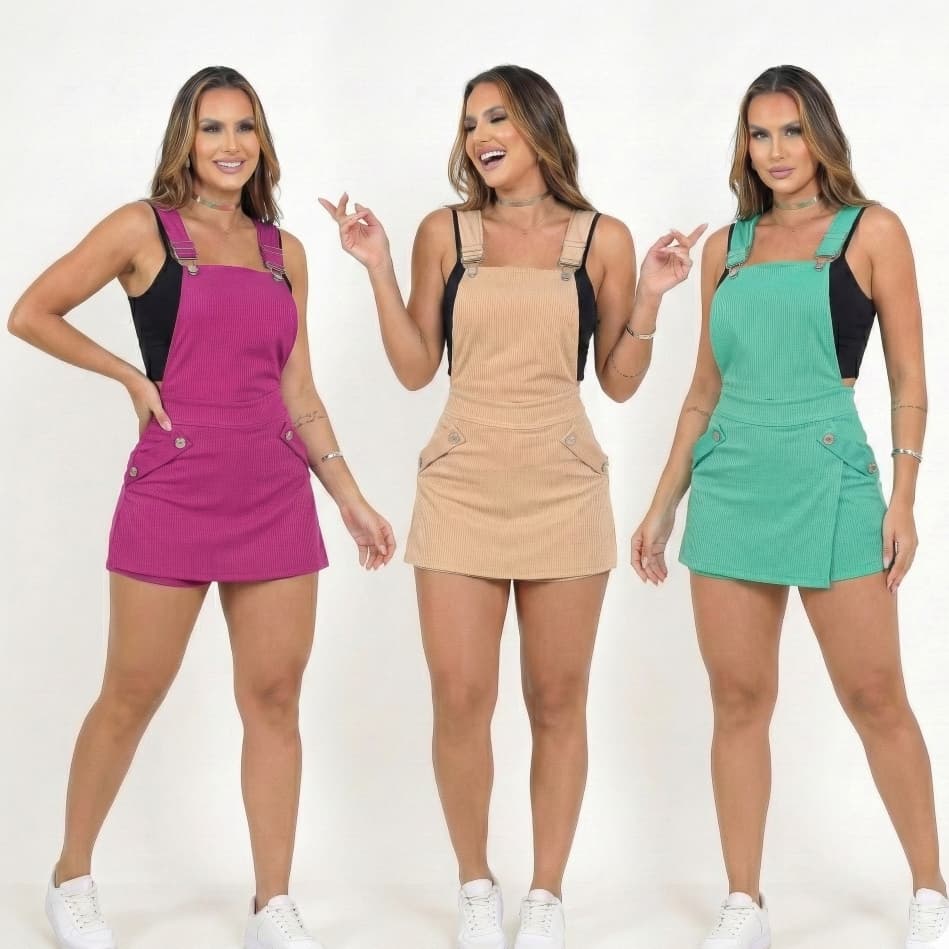 Jardineira Short Salopete Feminina Bengaline Canelado c/ Bolsos - Tendência P ao GG