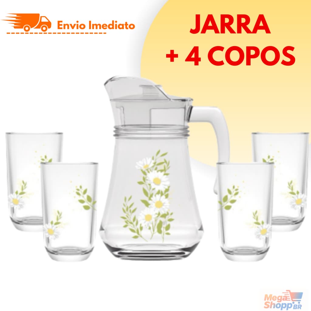 Jarra 1,35 Litros Com Tampa + 4 Copos de Vidro Resistente 3 Modelos Disponíveis Elegante Presente