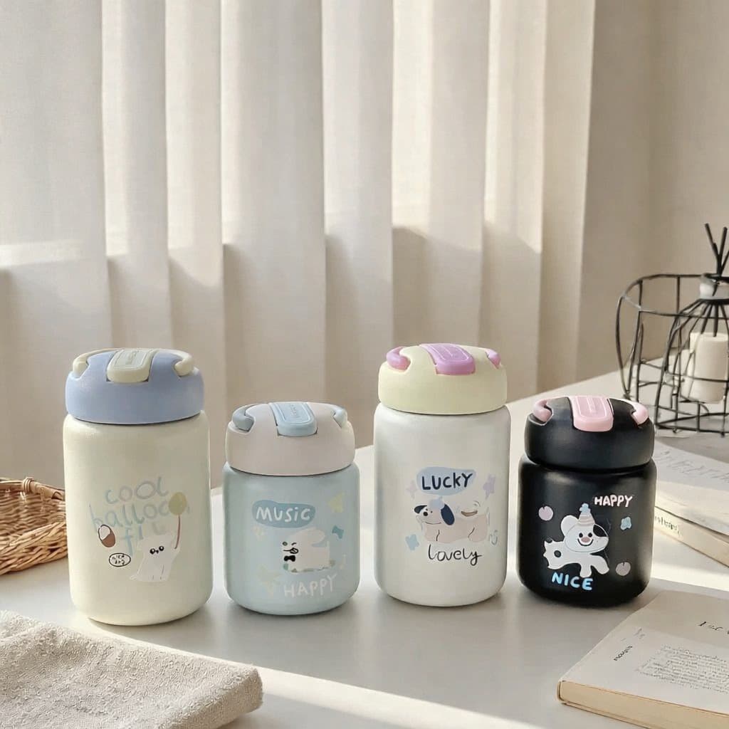 Garrafa Térmica Copo Infantil Aço Inox Com Alça e Canudo Colorida Desenho Animais 260ml Ou 360ml