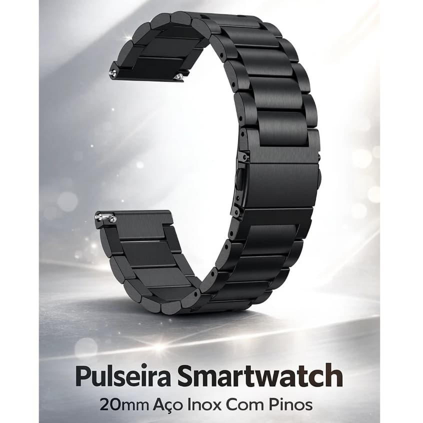 Pulseira Smartwatch 20mm Aço Inox Relógio Digital Analógico Inteligente Com Pinos