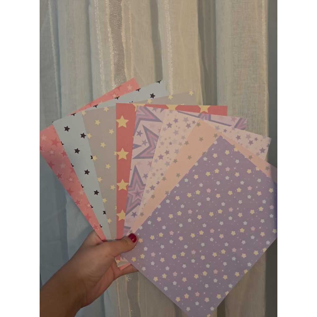 Kit 8 Papéis Decorados Estrelas 180g – Estampas A5 para Scrapbook, Journal