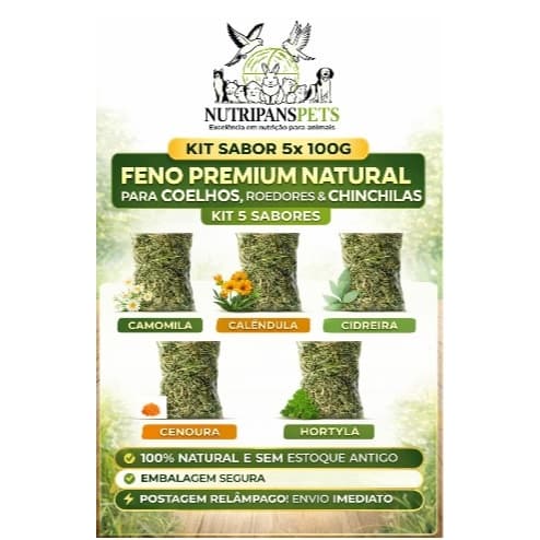 Kit Sabores Nutritivo Feno Premium Nutripanspets Cenoura Camomila Cidreira Calendula Hortelâ