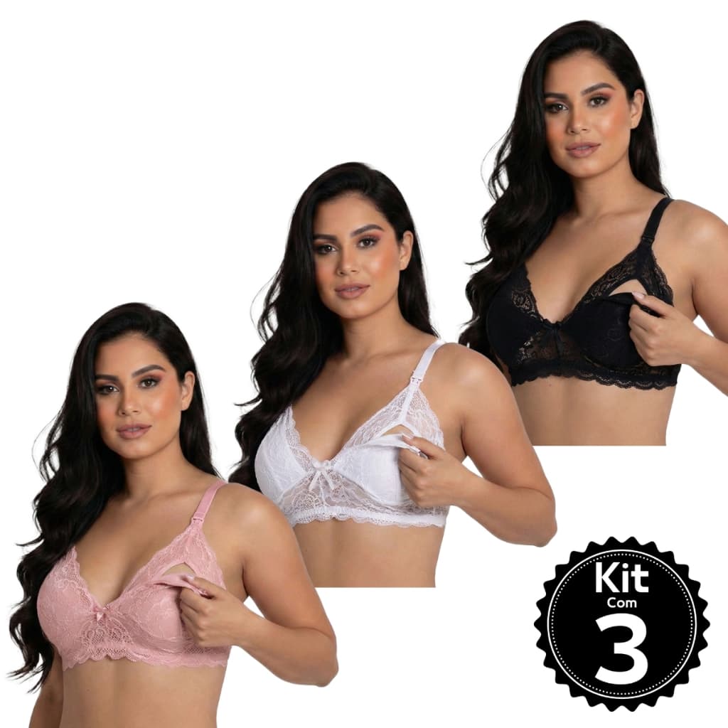 kit 3 Sutiã Amamentação de Renda Maternidade Sutian para Amamentar Gestante Pós Parto Abre Fácil