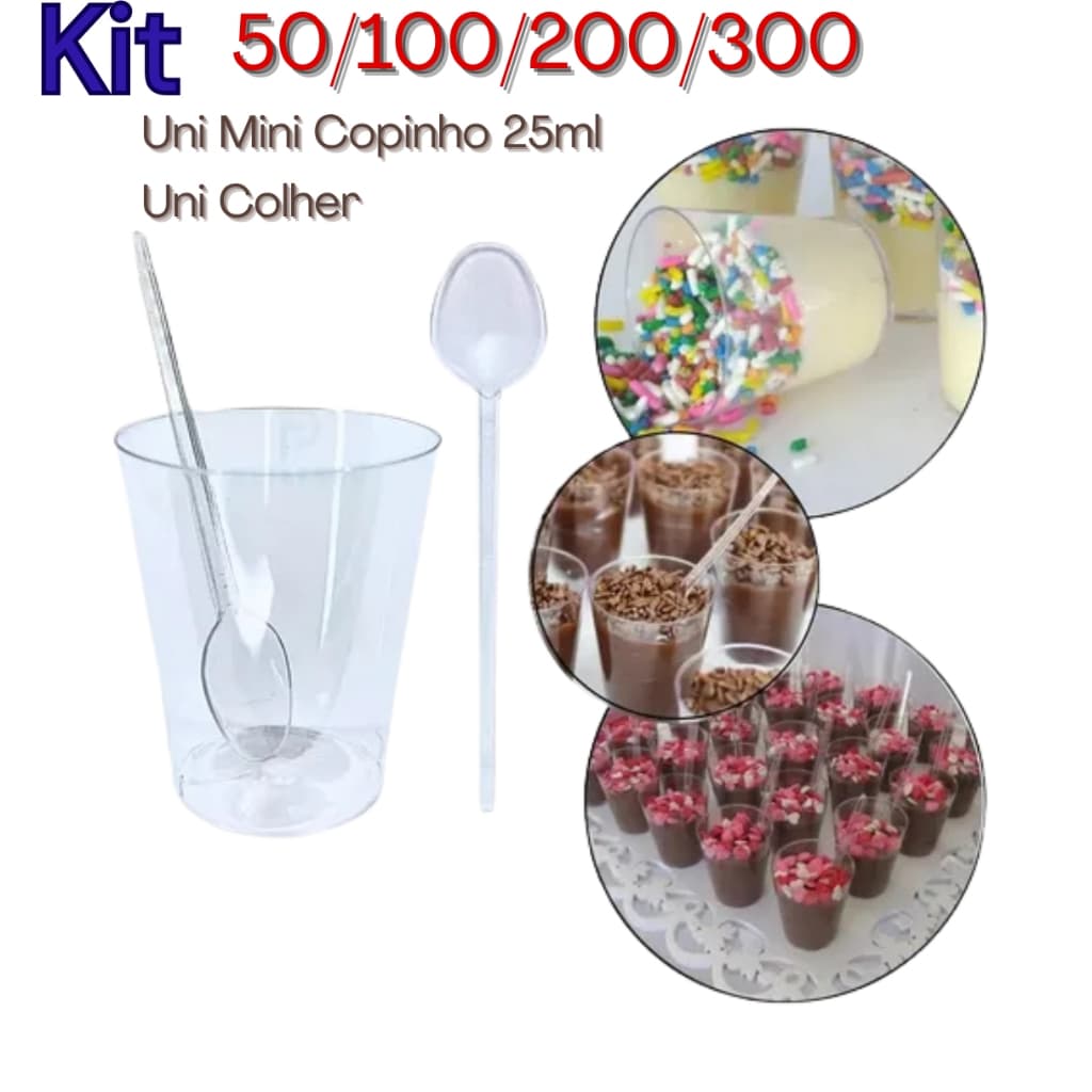 Kit 50/100/200/300 Copinho 25ml 100 Mini Colher Acrílico Mouse Doce Brigadeiro Festa Aniversário