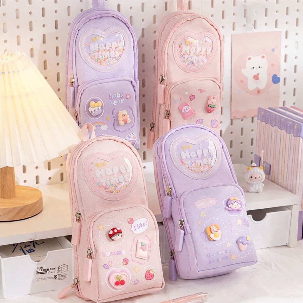 Estojo Escolar de Lápis de Tecido Com Apliques 3D Alto Relevo Com Três Divisórias Portátil Feminino