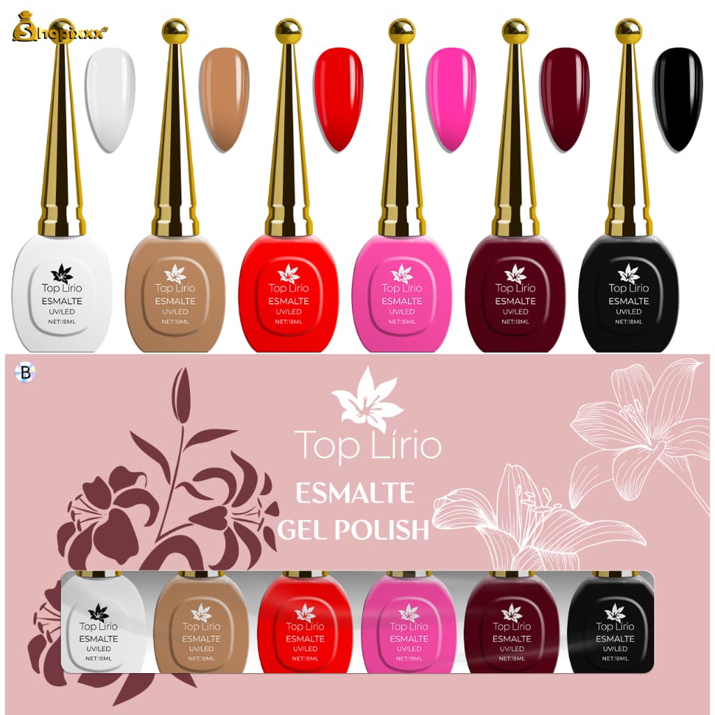 Kit 6 Esmalte Gel Led Uv Lirio Nail Gel Color Coat 18ml Uv/Led Cores Novas Vivas E Vibrantes