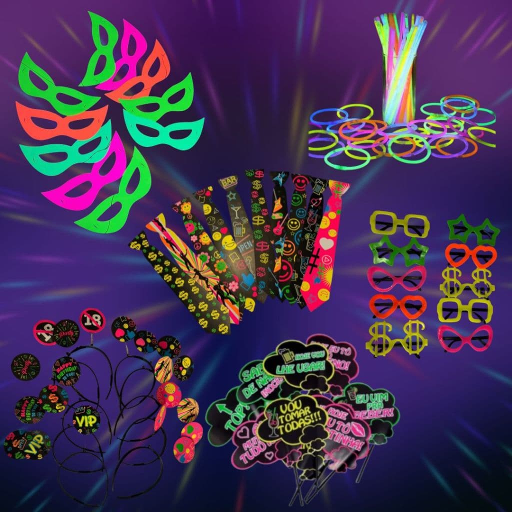 Kit 40pçs Festa Balada Neon Pulseira Mascara Gravata Plaquinha Tiara
