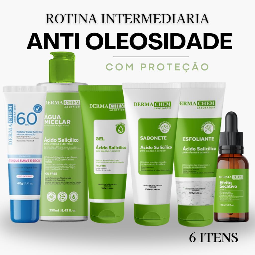 Skincare SUPER Anti Oleosidade/Acne:Sabonete+Esfoliante+Hidratante+Sérum Secativo+Água Micelar+Protetor