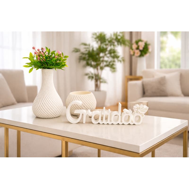 Kit Gratidão decoração minimalista – vaso + porta-velas + letreiro.