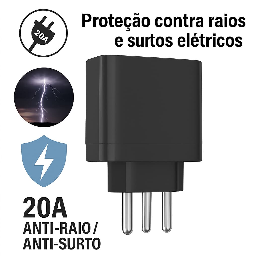 Protetor Tomada DPS 3 Pinos 20A Anti Raio e Surtos - Proteção Para Airfryer, Lava e Seca, Microondas