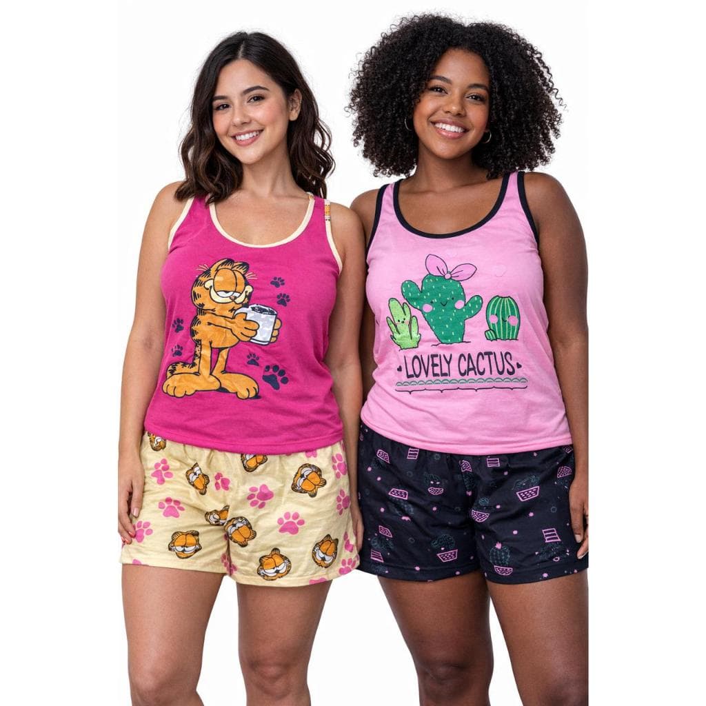 Pijama Baby dool alça Garfild e Cactus Feminino Adulto