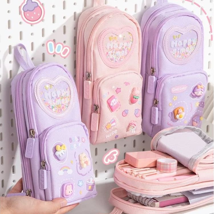 Estojo Escolar de Lápis de Tecido Com Apliques 3D Alto Relevo Com Três Divisórias Portátil Feminino