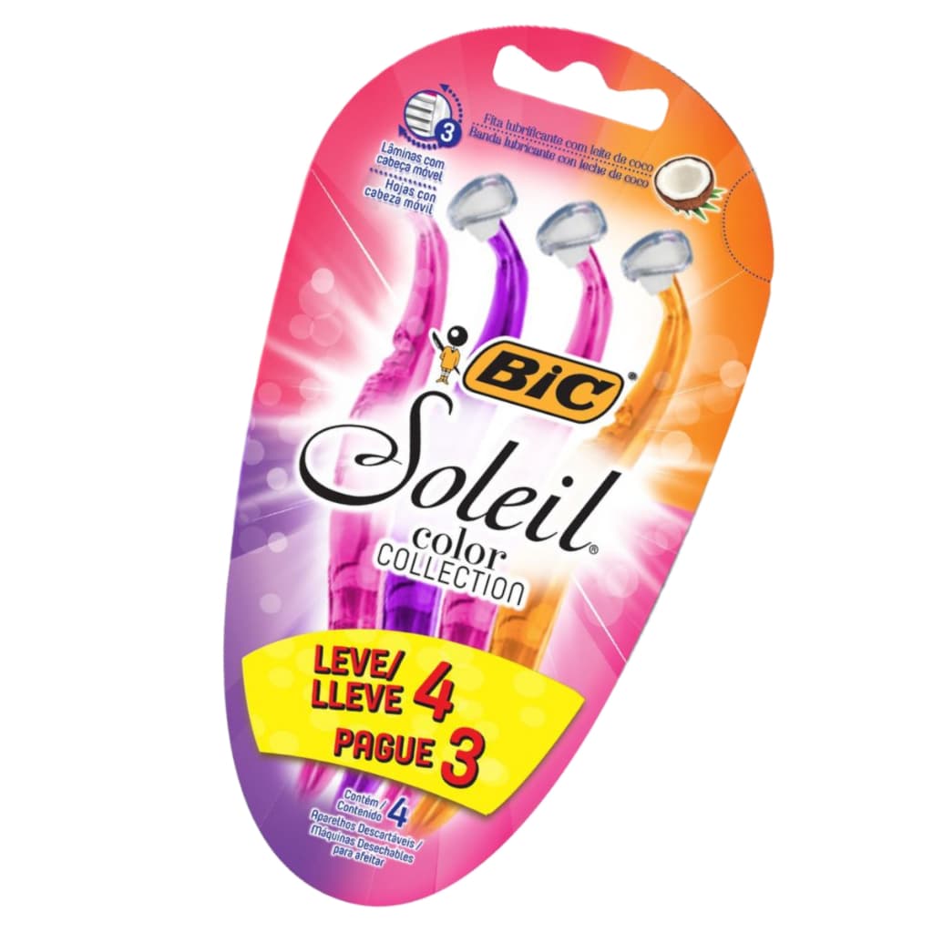 Bic Barbeador, Depilador Soleil 4 Unidades Lubri Leite Coco - Aparador de Pelos Shave Trim