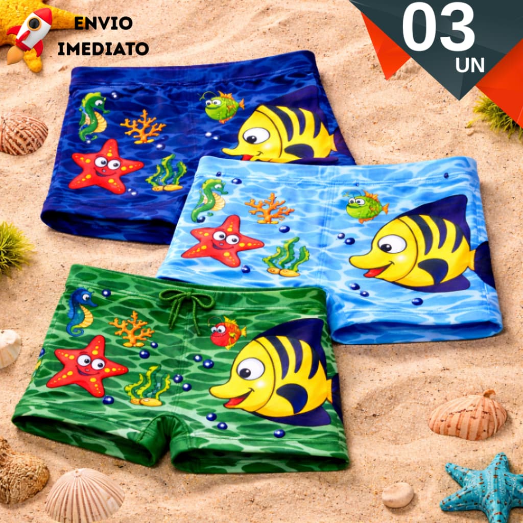 Kit Sunga Boxer Infantil Modo Praia Estampa Forrada Box Proteção Solar Uv50+ Menino Piscina Verão