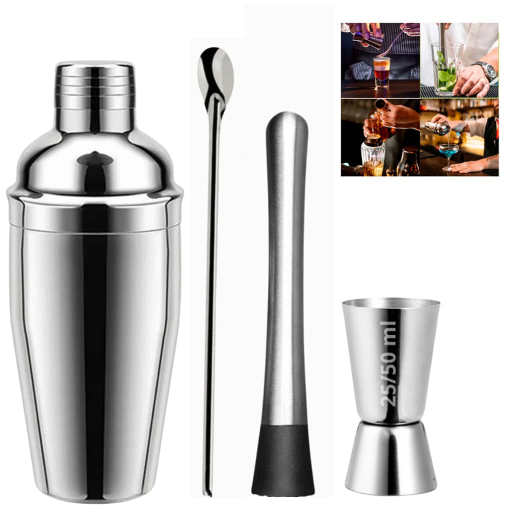 Kit Coqueteleira Bartender Profissional Inox Dosador Socador Colher Premium Drinks e Caipirinha