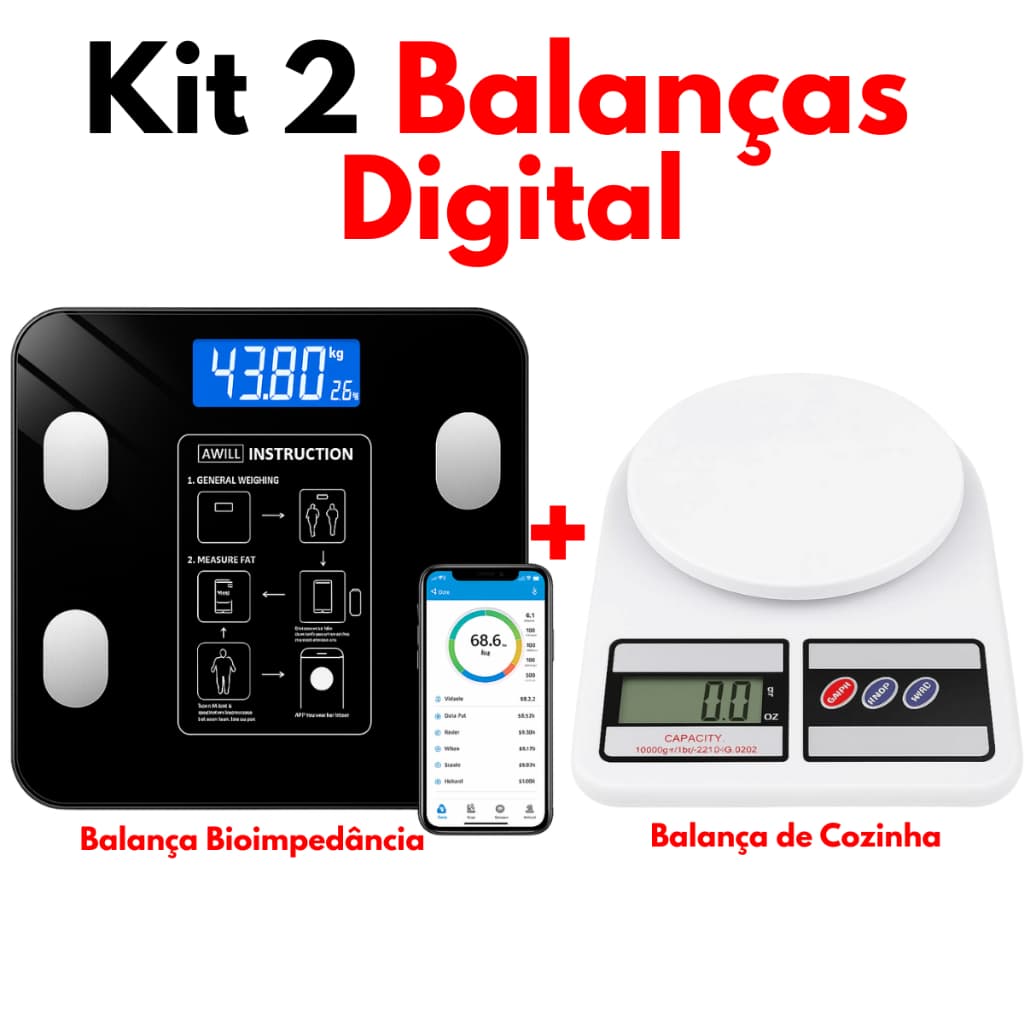 Kit 2 Balanças Digital Alta precisão Vidro temperado Dieta Fitness