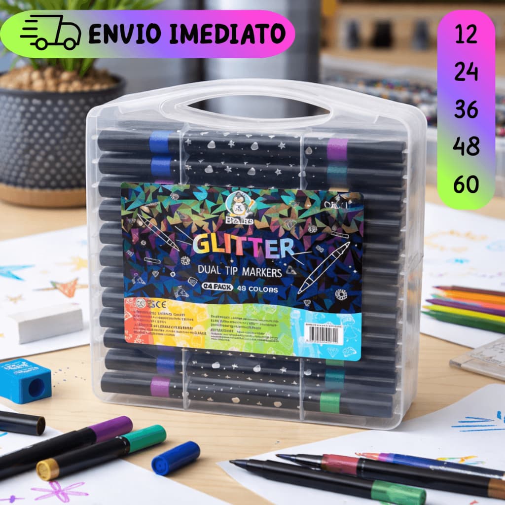 Caneta Marcadora Glitter Dupla Ponta 12/24/36/48/60 Caneta de Cabeça Dupla Brilhante Com Gliter Arte, Escola, Desenho