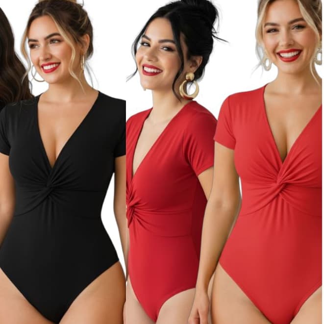 Body Feminino Decote V Transpassado Torcido Suplex NÓ MANGA CURTA Justo Moda Casual