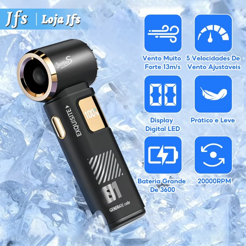 Turbo Ventilador Portátil Refrigeração Display Ventilador Recarregavel 13m/s | 5 Velocidades | Bateria 3600mAh