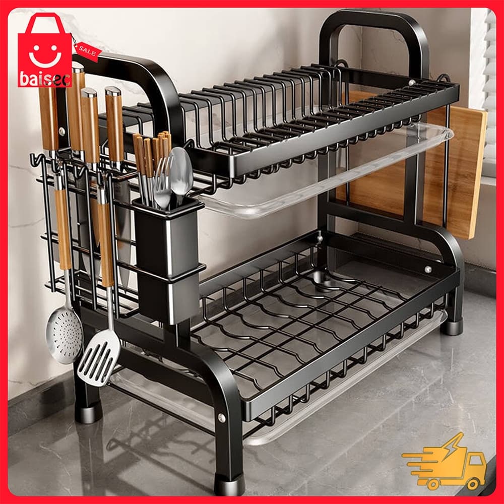Escorredores multifuncionais duplos e triplos com suportes para pratos, talheres e tábuas de corte.