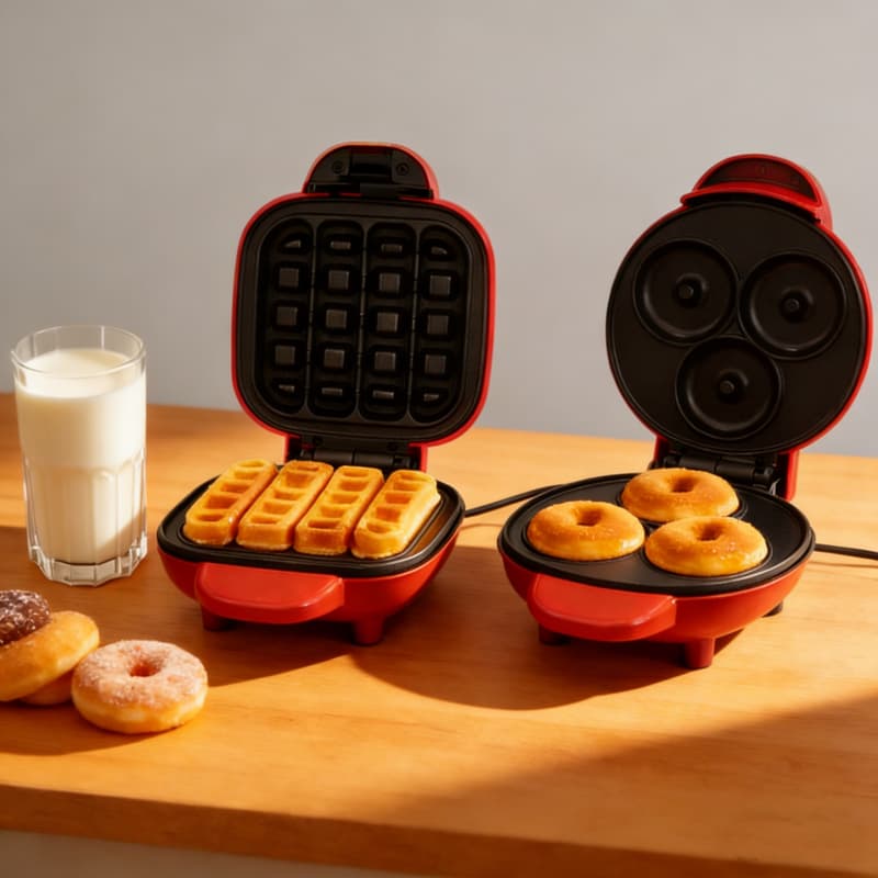Mini Máquina de Waffles/Donuts Elétrica Portátil Casa Cozinha Fazer Waffle Panquecas Automático 110V